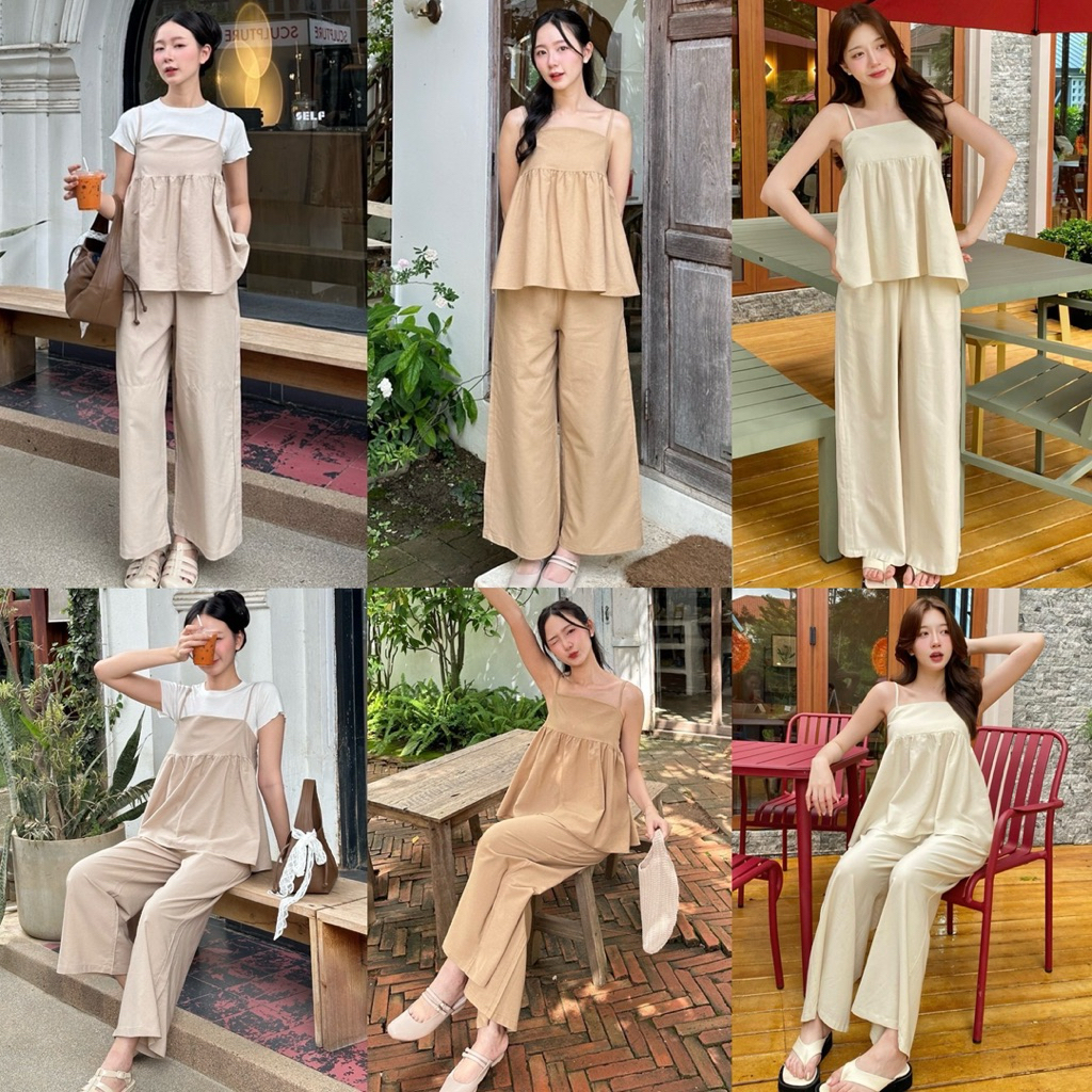 KORRA ·͜·♡ชุดเชตผ้าลินิน/เซทเอิร์ธโทน🤎เสื้อสายเดี่ยวปรับสายได้สม๊อคหลัง+กางเกงมีกระเป๋าล้วงสองข้าง✨โ