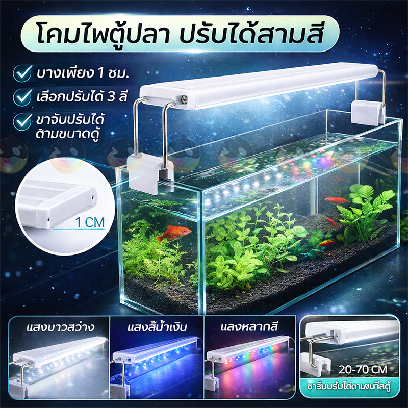 โล๊ะๆ โคมไฟตู้ปลา ปรับได้สามสี ROXIN LED GX-A200 สำหรับตู้ 20-30 cm. 8-12นิ้ว