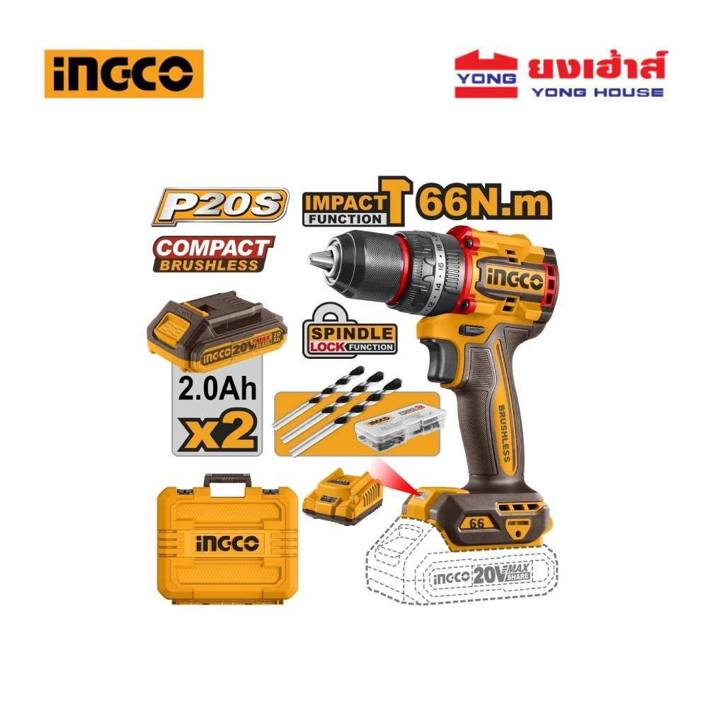 INGCO สว่านกระแทกไร้สาย 20 โวลล์ 66 นิวตัน รุ่น CIDLI20668