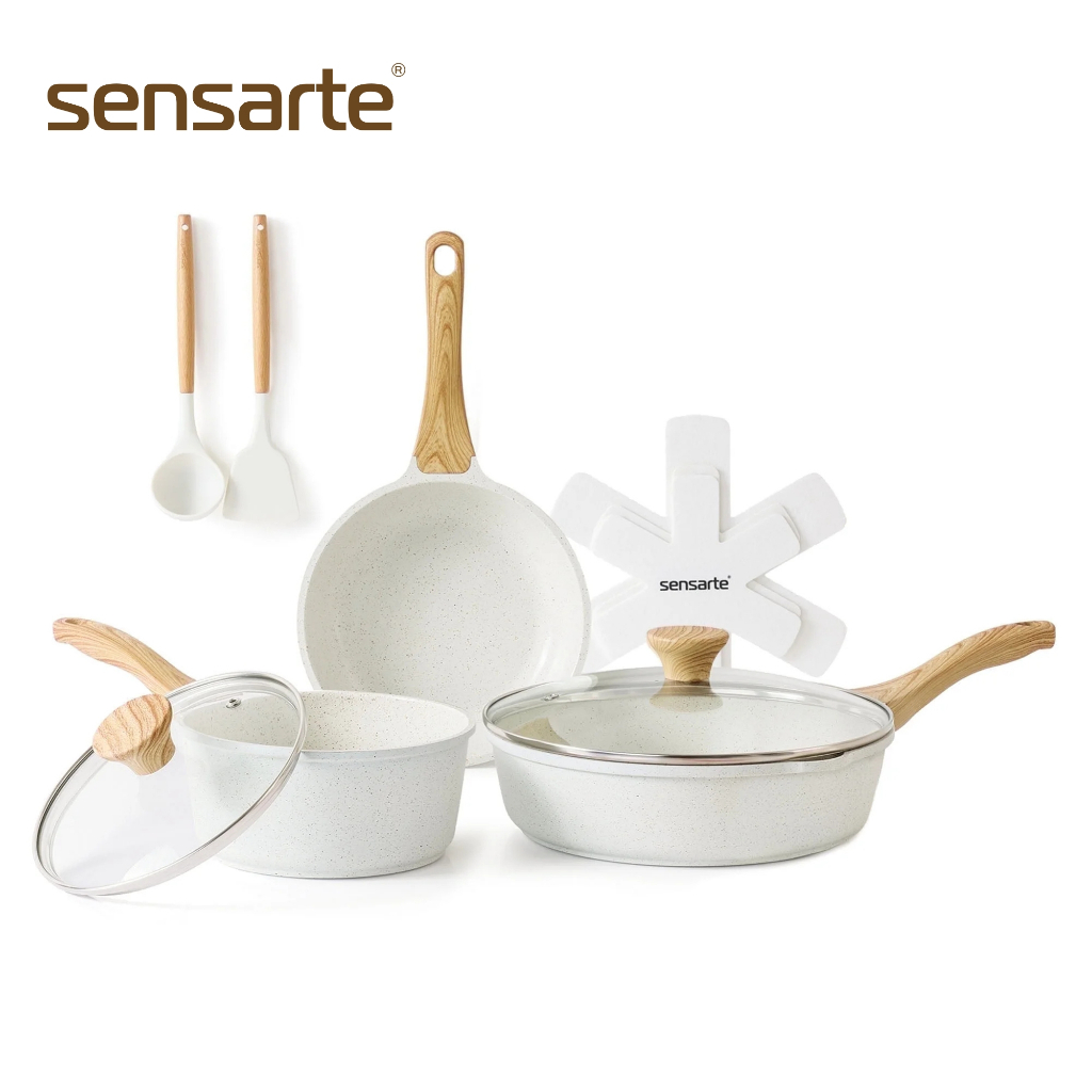SENSARTE ชุดเครื่องครัวหม้อและกระทะเคลือบกันติด Non-Stick ปลอดสาร 10 ชิ้น  ใช้ได้กับเตาทุกประเภท