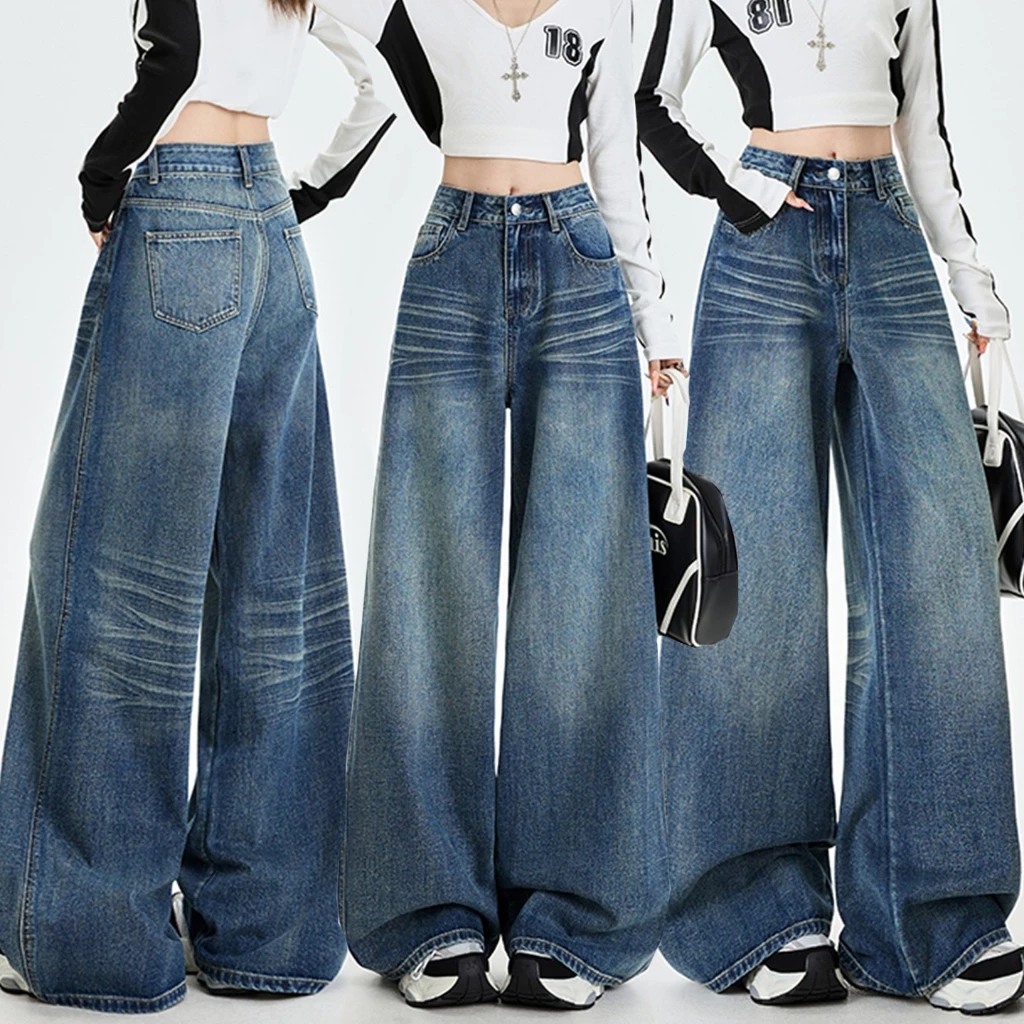 S-5XL~Wide-leg pants blue denim กางเกงขากว้างสีน้ำเงินอินเทรนด์ รุ่นใหม่ปี 2026 กางเกงยีนส์ทรงหลวมเอวสูงสไตล์เกาหลี HOT