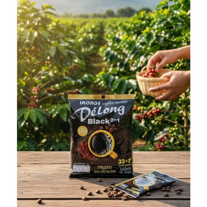 กาแฟเดอลองผสมข้าวสังข์หยด แพค 100 ซองไม่มีน้ำตาล  ไม่มีครีมเทียม