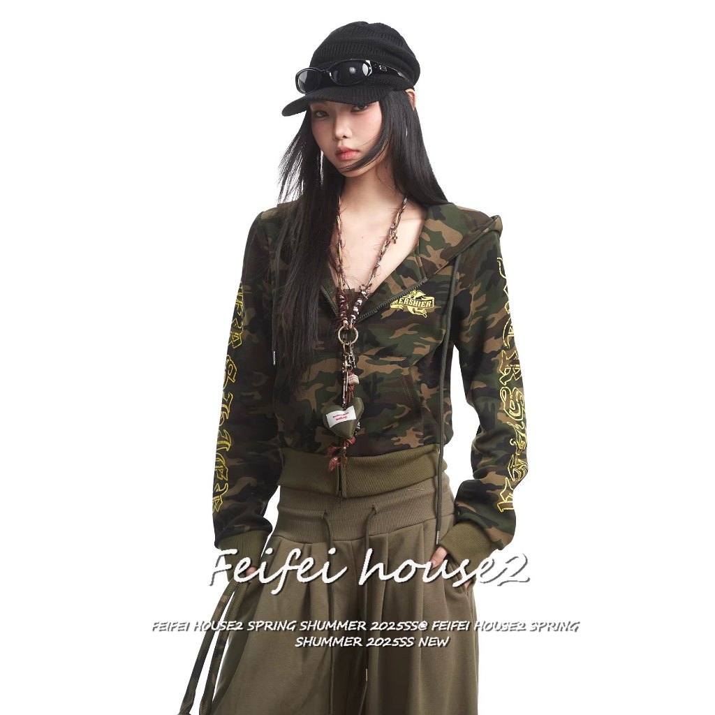 [Women's street style camouflage coats]ผู้หญิงสไตล์ลำลองฤดูร้อนเสื้อโค้ทแขนยาวมีฮู้ดลายพรางสำหรับ