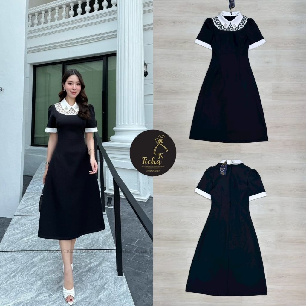 Ticha เดรสยาวสีดำแขนสั้น แต่งคอปกสีขาว และขอบแขน มีเข็มกลัดคริสตัลติดช่วงปก (อกเสริมฟองน้ำ ซิปหลัง)