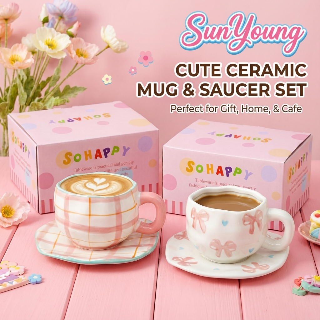 แก้วกาแฟเซรามิค ชุดแก้วกาแฟพร้อมจานรอง ลายโบว์ สีขาวมินิมอล สไตล์เกาหลี แก้วน้ำน่ารักๆ ใส่ชา กาแฟ🎀