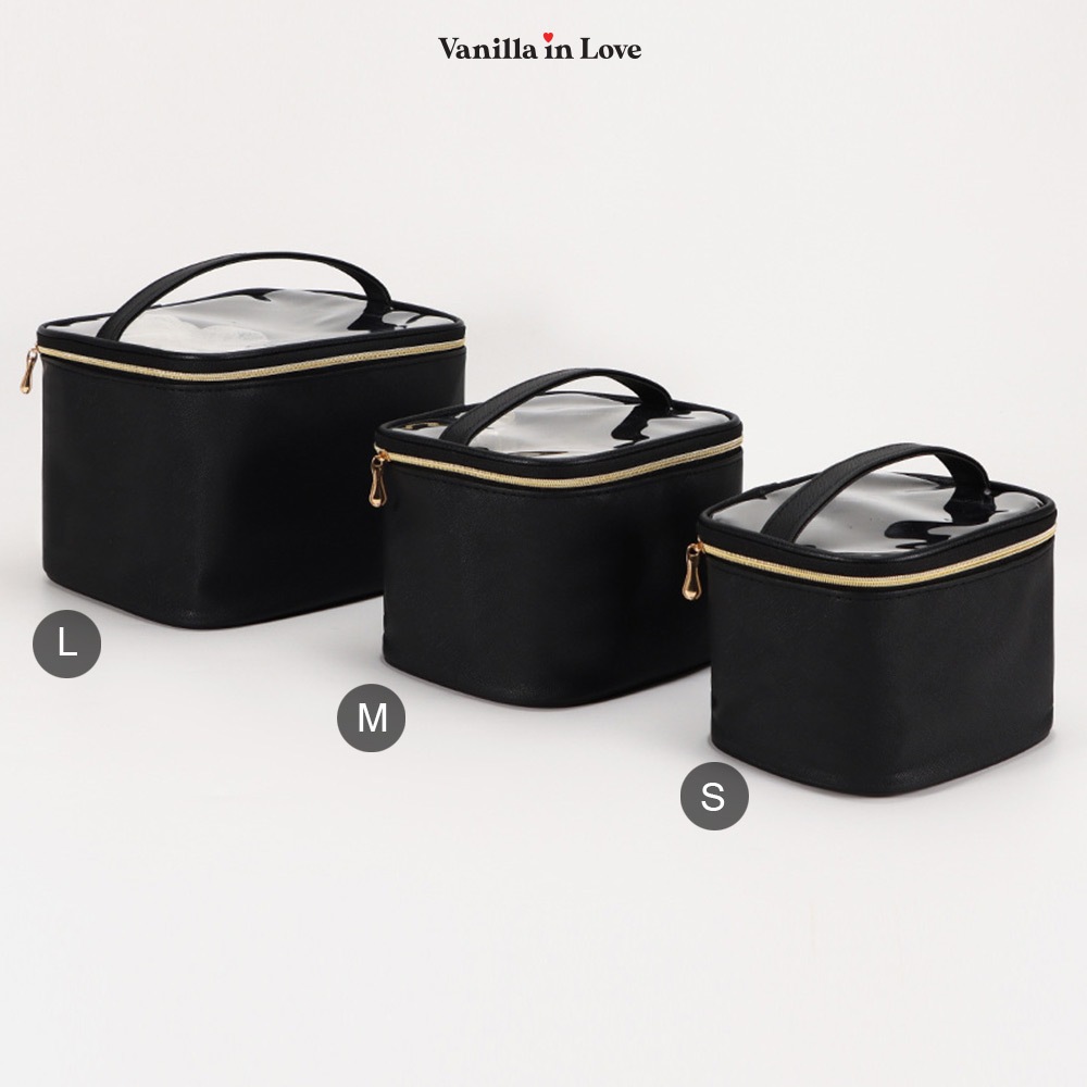 BG188 กระเป๋าเครื่องสำอาง กันน้ำ พร้อมหูหิ้ว ฝาใส Makeup Bag ขนาด S M L ทำจากหนังเทียม PU