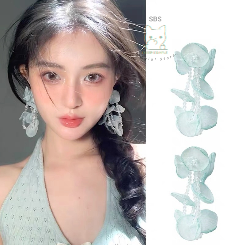 SBS 👗 ต่างหูสีฟ้าพาสเทล ดอกไม้ชีฟองแฮนด์เมด ดูแพง ใส่ได้ทุกวัน! มี 3 สีให้เลือก พร้อมส่ง S243