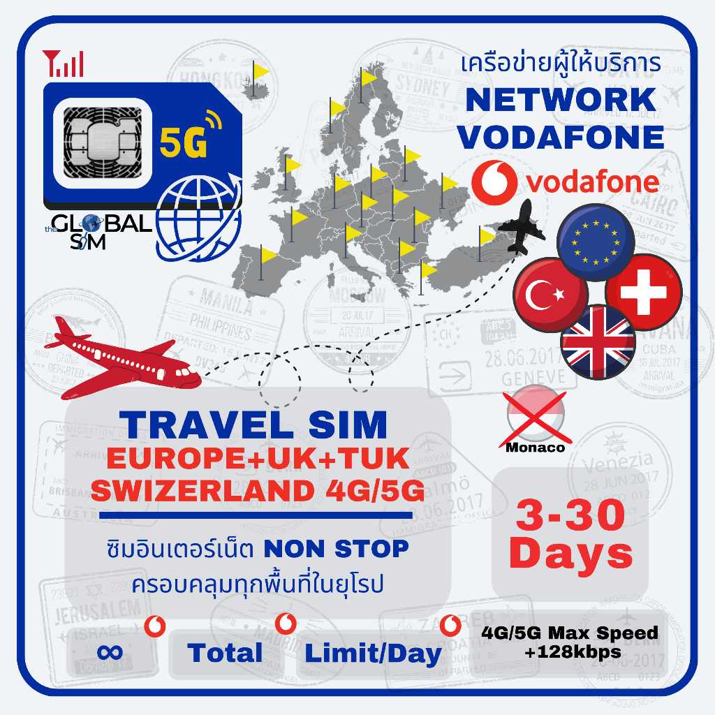 【The Global SIM】Europe C1, UK, SWZ & TUK SIM ซิมสหภาพยุโรป อังกฤษ สวิส และตุรกี Vodafone 3-30Days 4G