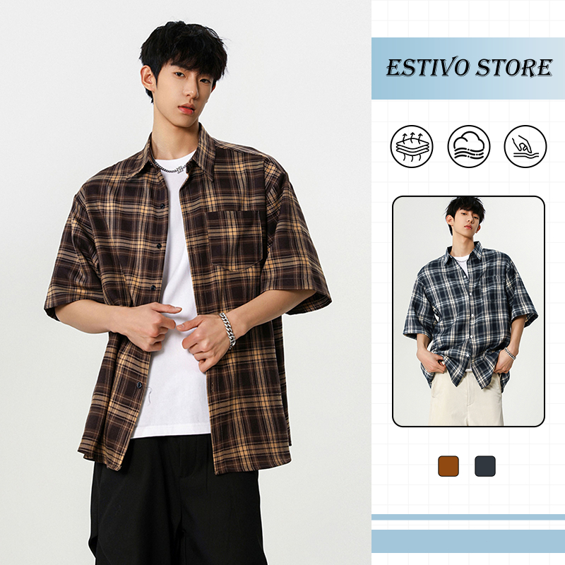 HFY เสื้อเชิ้ตแขนสั้นลําลอง ทรงหลวม สไตล์วินเทจ ลายสก๊อต แฟชั่นฤดูร้อน สไตล์ฮ่องกง แขนสั้น เสื้อเชิ้ต Unisex M-3XL