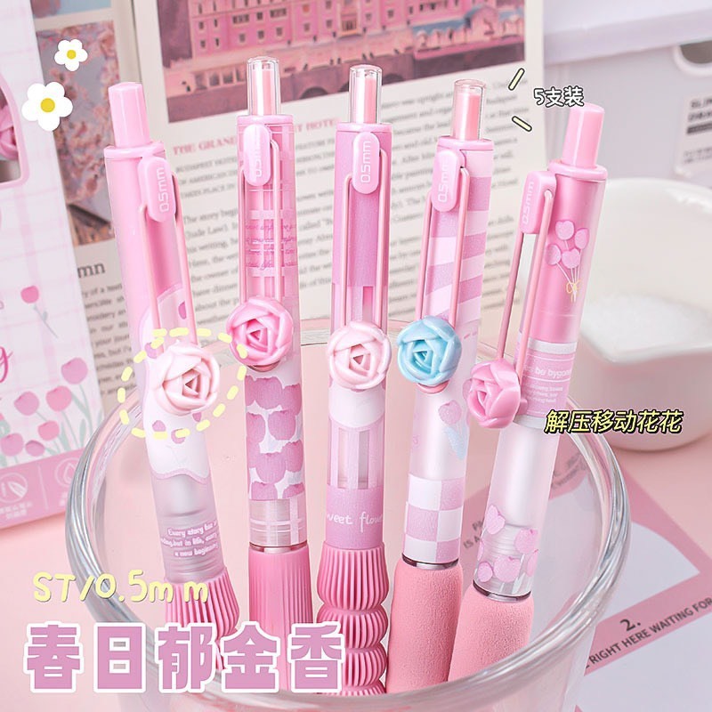 ปากกาเจลกด 0.5mm ลายดอกไม้ สามารถเลื่อนตัวดอกได้ แห้งไว เขียนลื่น 5แท่ง/แพ็ค