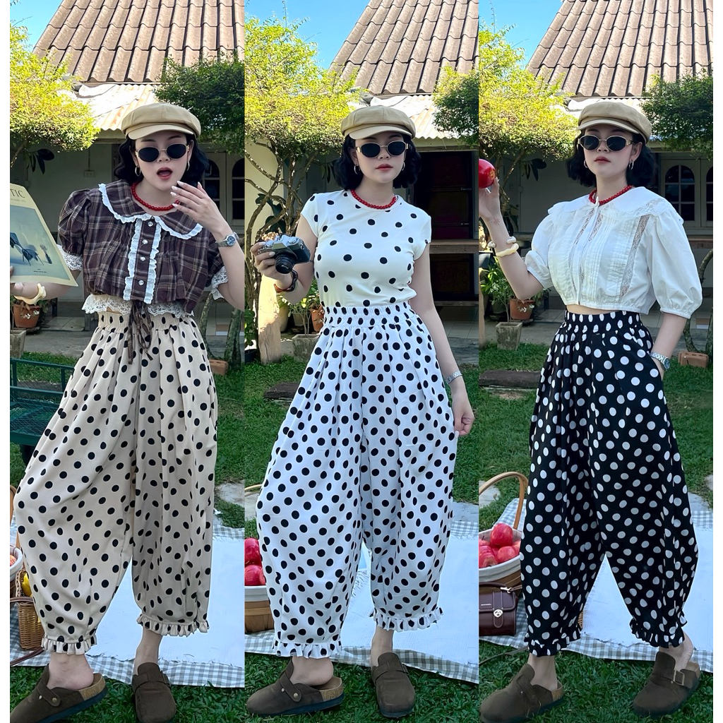 กางเกงบอลลูนแต่งระบาย รุ่นมีมี่ ( เอว 24-38 ) ผ้าไหมญี่ปุ่น ใส่สบาย ไม่ร้อน