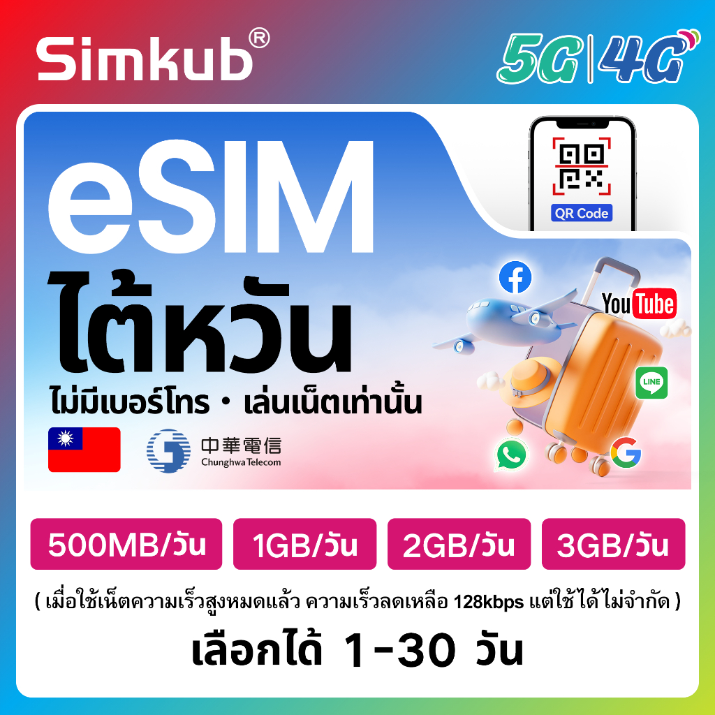 eSIM Taiwan เครือข่าย CHT ซิมท่องเที่ยว ไต้หวัน เน็ต 500MB-3GB/วัน รองรับ 5G/4G เลือกได้ 1-30 วัน