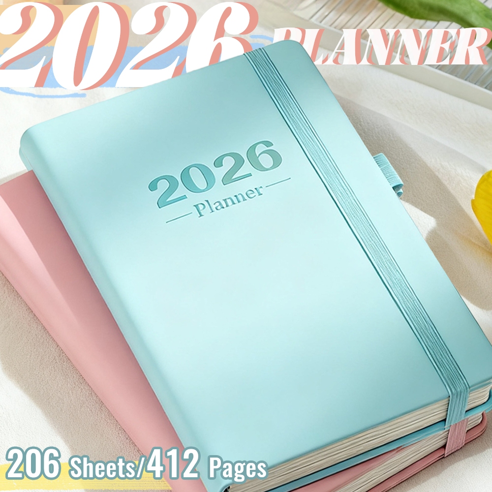 2026 สมุดวางแผน Planner A5 Schedule Planner ประจำเดือน/ประจำปี ปลอกปกกันน้ำ 80GSM สมุดนักเรียน 412หน้า​