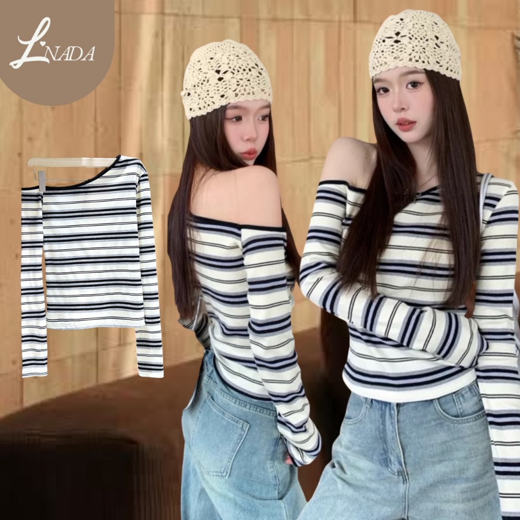 L'NADA【พร้อมส่ง】เสื้อแขนยาวปาดไหล่ลายทาง Korea Sweet Stipe Top