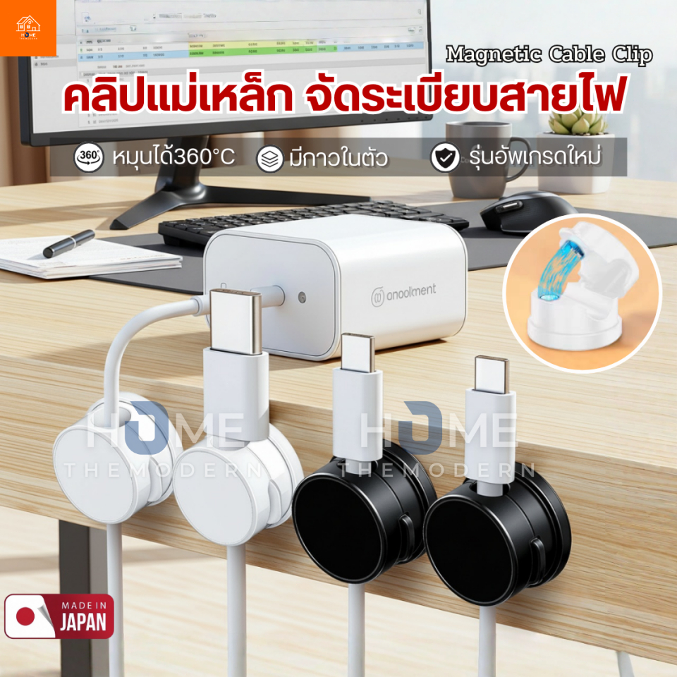 คลิปแม่เหล็กจัดระเบียบสายไฟ หมุนได้360° รุ่นกาวในตัว สายเคเบิล เก็บสายชาร์จ จัดเก็บสายไฟ ที่ยึดปลั๊ก หูฟัง อุปกรณ์เสริม