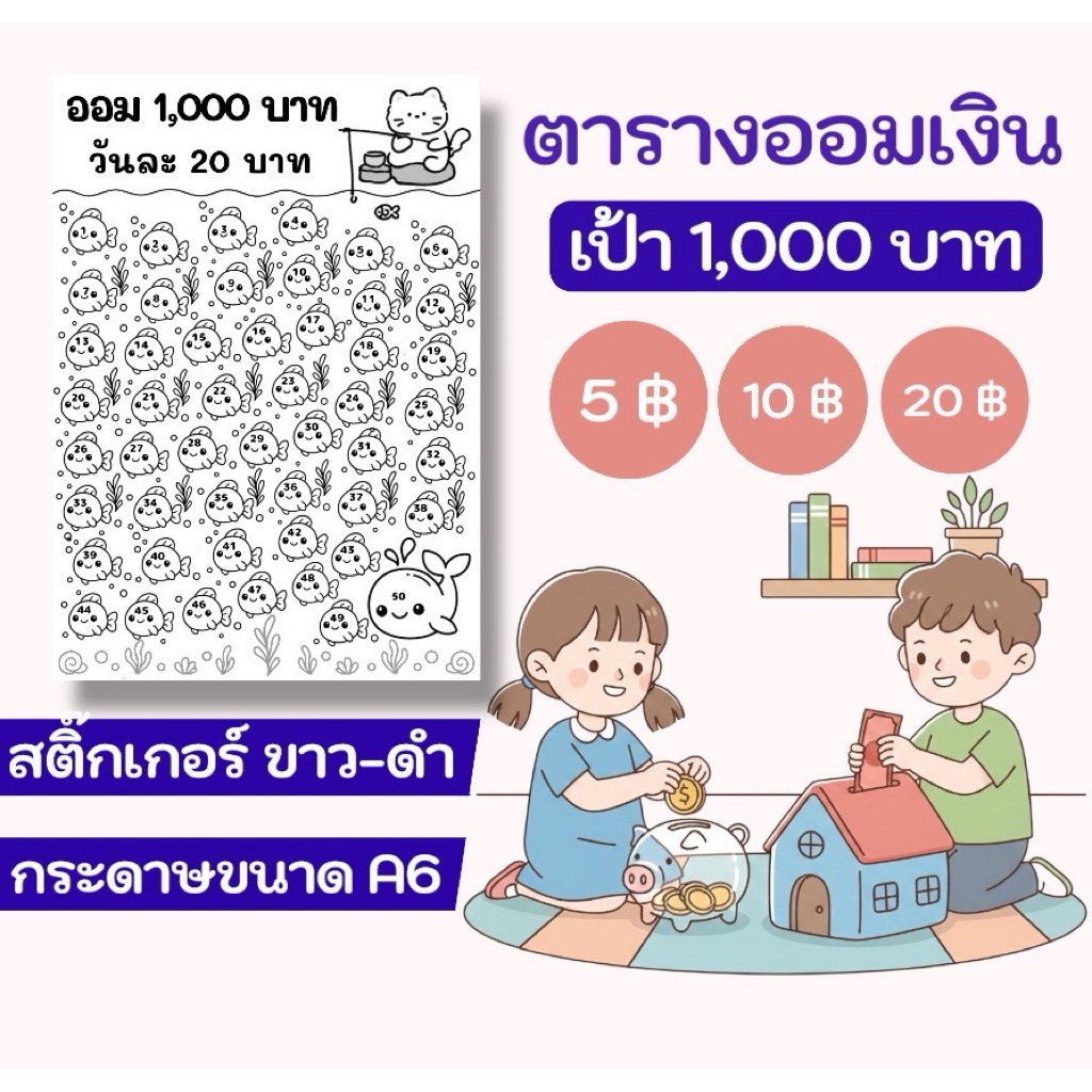 สติกเกอร์ใบออม แปะกระปุก ขาว-ดำ A6 ตารางออมเงิน เป้า1000บาท ออมวันละ 5บาท 10บาท 20บาท