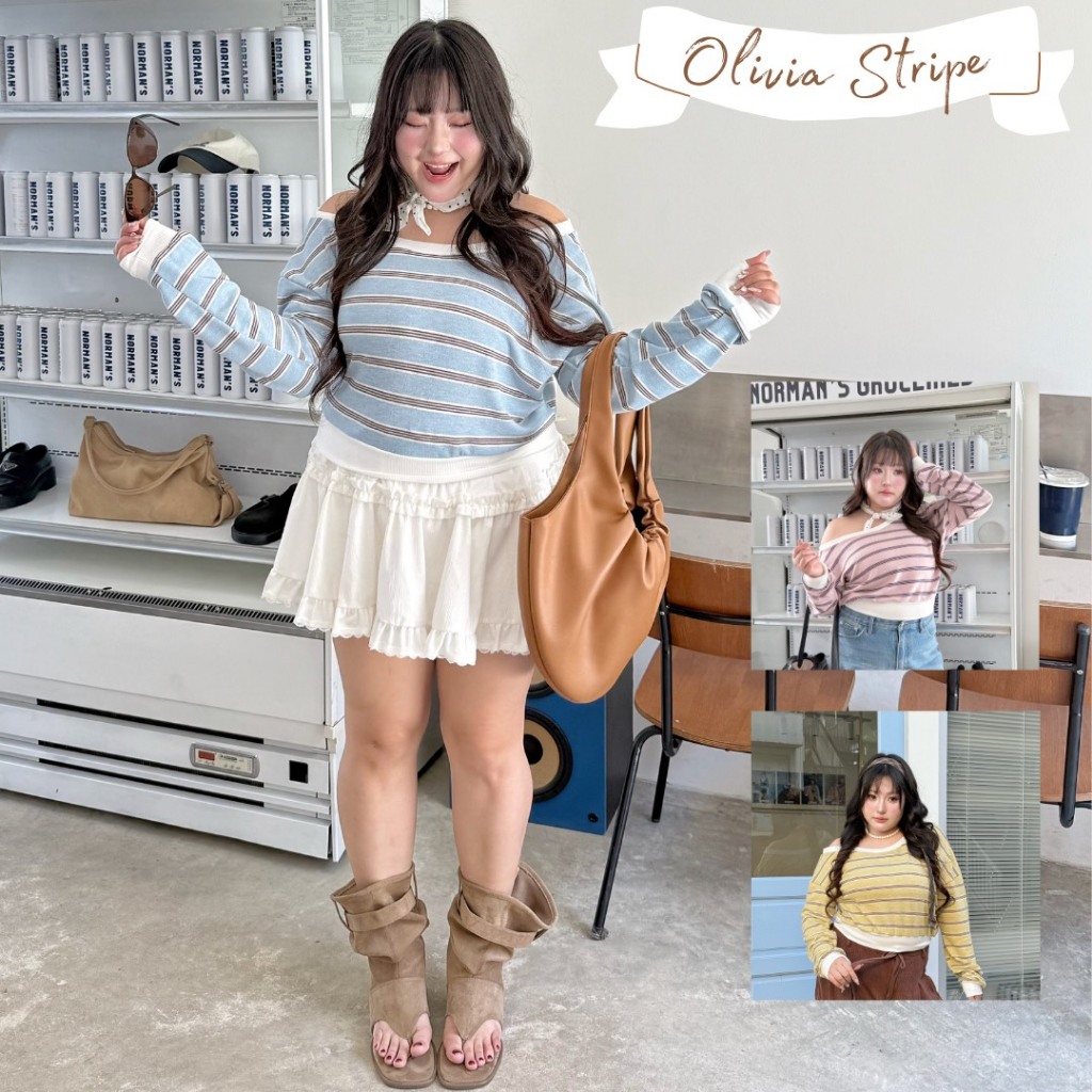 Olivia Stripe 🤍 เสื้อแขนยาวลายทาง เปิดไหล่ ใส่สบาย (T0216) - Merrychubbyhouse