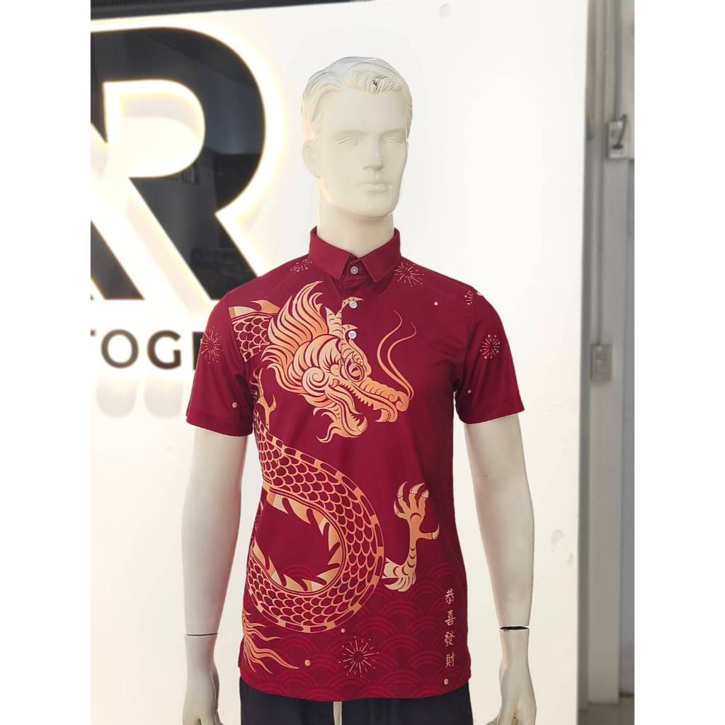 เสื้อตรุษจีนคอปกแบบที่7 สีแดงลายมังกร เนื้อผ้านุ่มเบา ไม่ร้อนใส่สบาย ระบายอากาศได้ดี