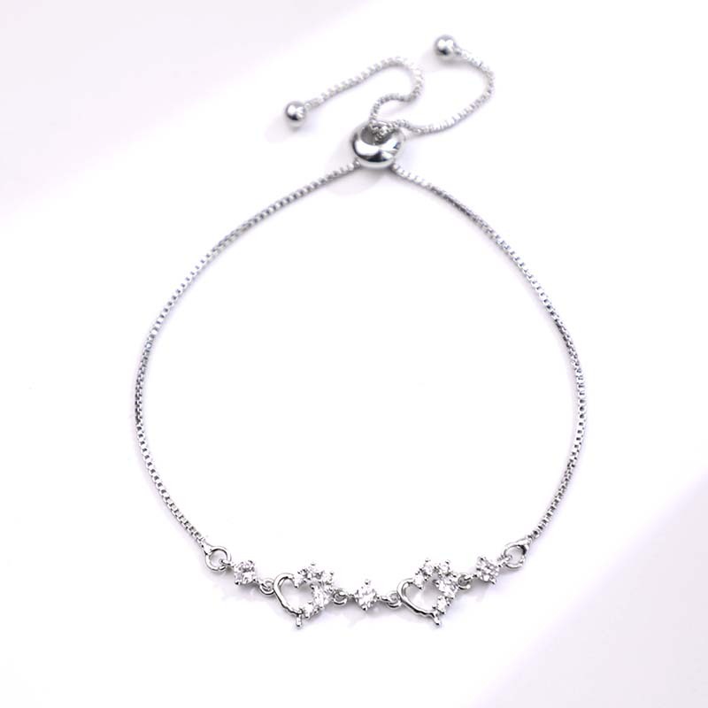 (แนะนำ) สร้อยข้อมือสตรี หัวใจคู่ฝังคริสตัลแวววาว เงินสวมสีขาว สื่อความรัก สไตล์มินิมอลสุดเก๋