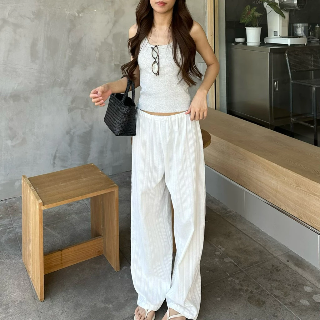 (พร้อมส่ง)Simple voile pant กางเกงขายาวผ้าฝ้ายเอวยางยืด กางเกงชายหาด