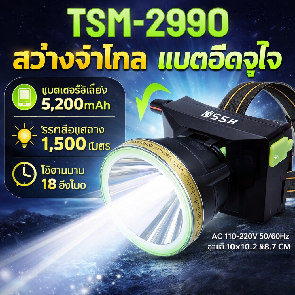 [TSM-2990 ]ไฟฉายคาดหัว ไฟคาดหัวแรงสูง ส่องไกล1000เมตร ไฟฉายLED แบตลิเธียม5200mAh ไฟกรีดยาง ไฟเดินป่าหัว ไฟคาดหัว