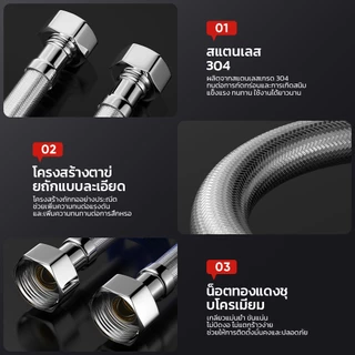 Mitsushi สายฝักบัว อาบน้ำ สายชำระ ท่อสแตนเลส 304 แบบลูกฟูก 30–120 ซม. ทนร้อน-ทนเย็น ไม่เป็นสนิม