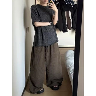 [Solid color casual wide-leg pants]ผู้หญิงเกาหลีรุ่นวินเทจลายสก๊อตสีทึบสบาย ๆ แจ๊สเต้นรำกางเกงขากว้าง