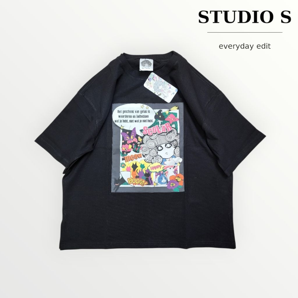เสื้อยืดญี่ปุ่น SCORLAR Graphic Tee สีฟ้า/ขาว/ดำ ทรง Oversize Cotton แท้ สไตล์ Japanese Street