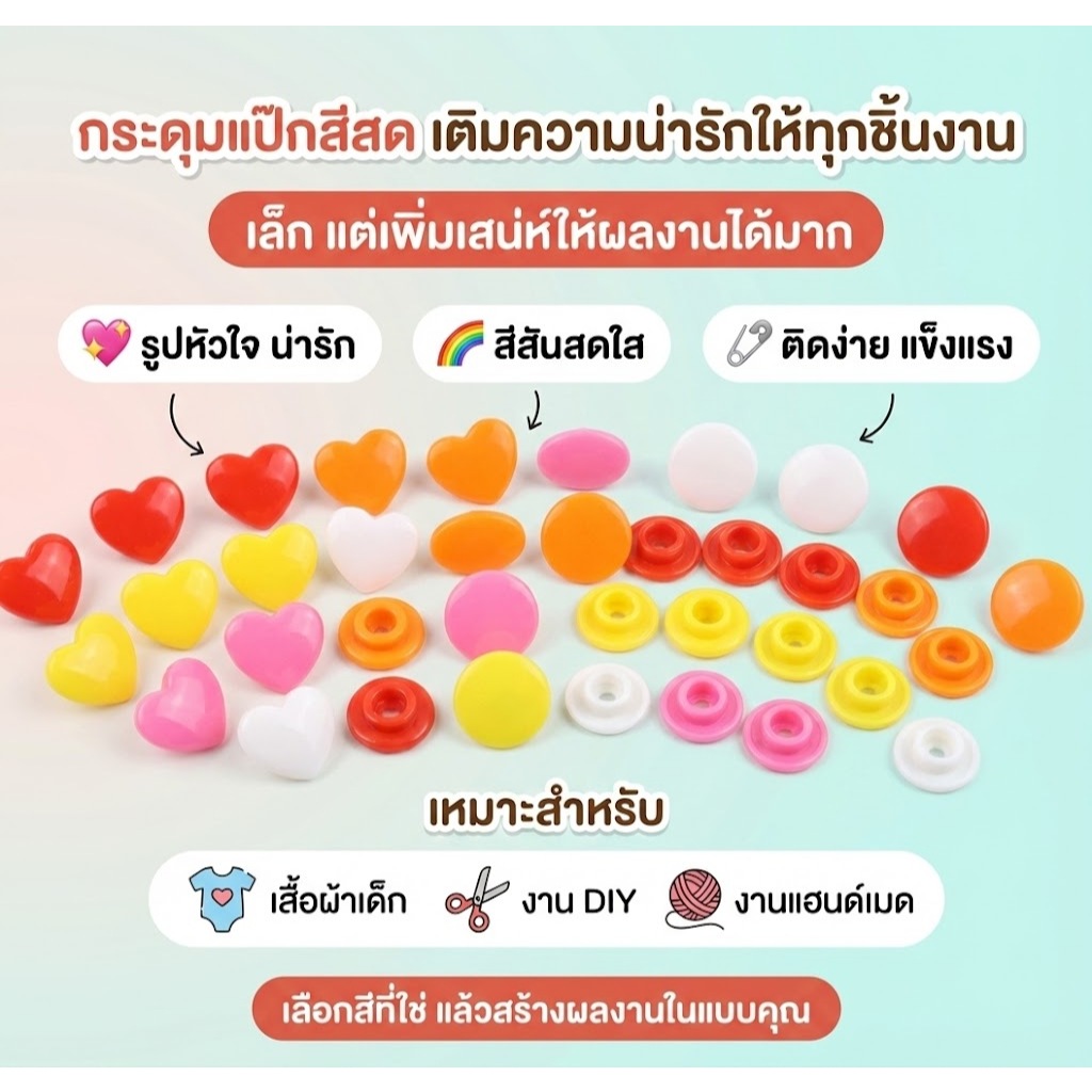 กระดุมแป๊กพลาสติก รูปดาว รูปหัวใจ  T5 (12mm.) 1ถุง มี15 ชุด พร้อมส่ง