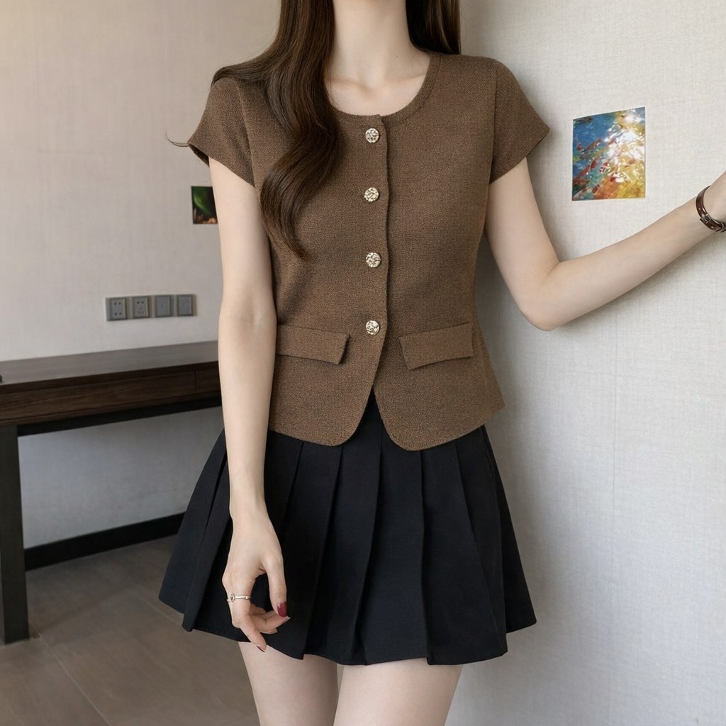shop_sc เสื้อยืดไหมพรมผู้หญิงแขนสั้น ลุคเรียบหรู แต่งกระดุมทองลายคลื่น มี 5 สี ผ้าบางใส่สบาย