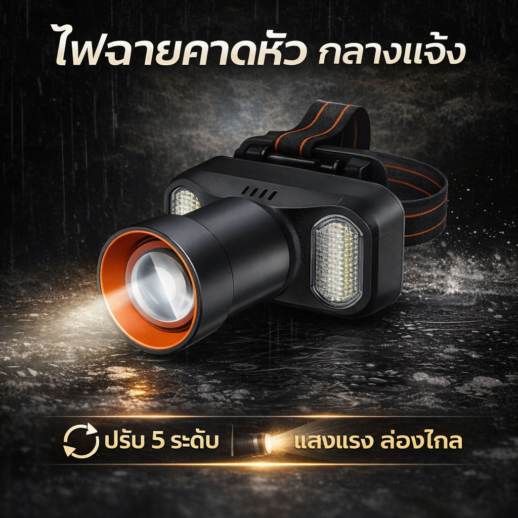 ไฟฉายคาดหัว LED ซูมได้ 35W แรงสูง 3 โหมด ชาร์จ Type-C เดินป่า กรีดยาง