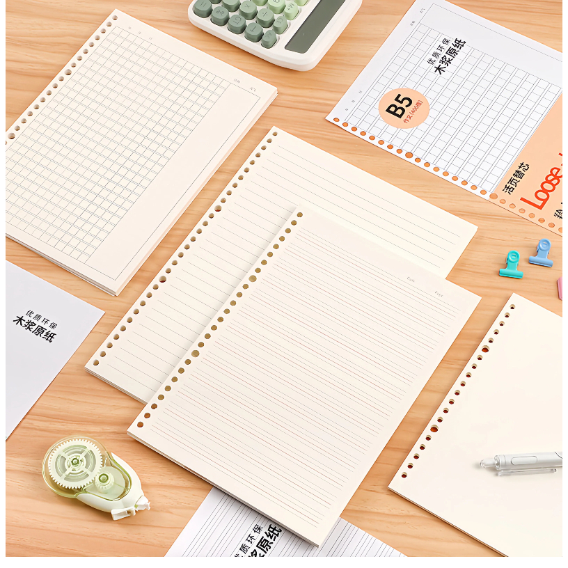 กระดาษรีฟิล Loose Leaf A5/B5/A4 60 แผ่น มีรู ใส่สมุดสันห่วง คุณภาพดี เหมาะสำหรับนักเรียนและสำนักงาน