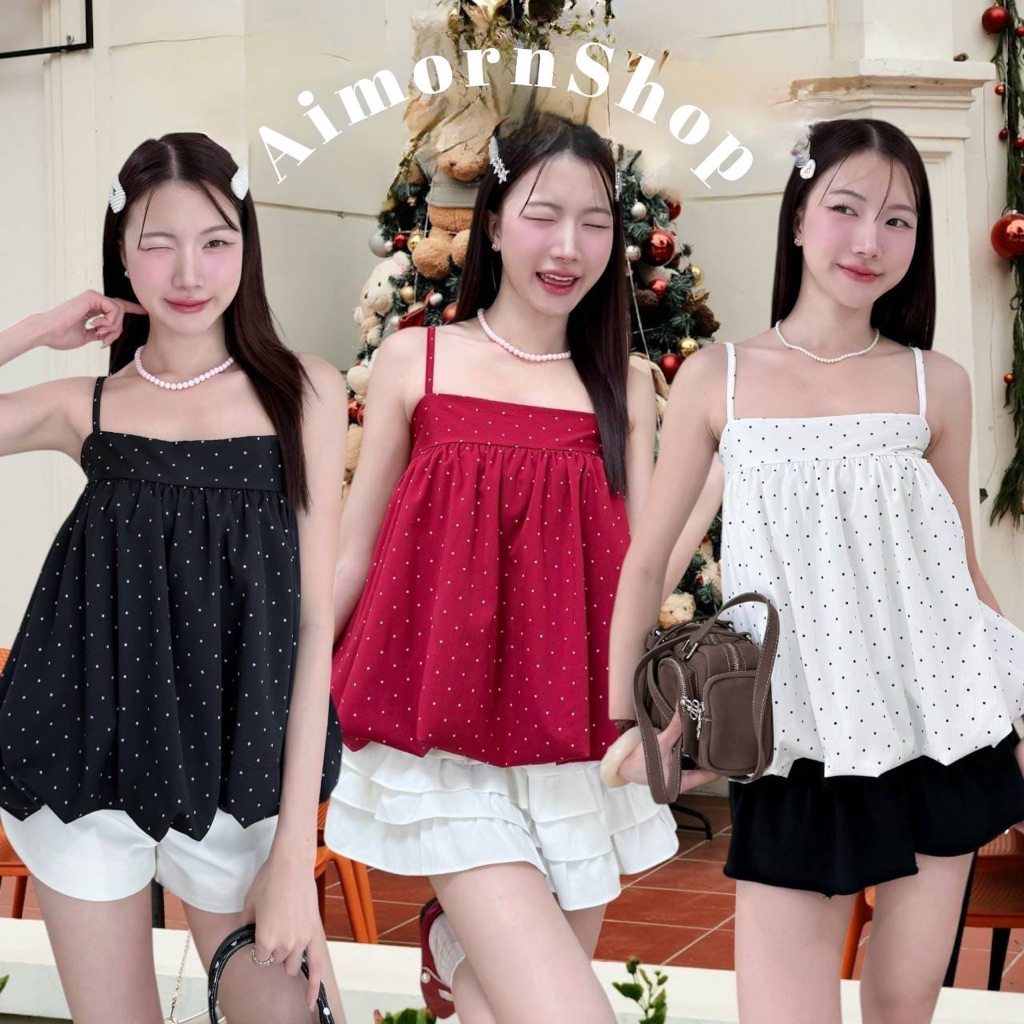 🔥aimorn_shop🔥เสื้อสายเดี่ยวทรงบอลลูน ลายจุด น่ารักมาก ปรับสายได้ ผ้าใส่สบาย