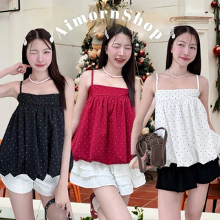🔥aimorn_shop🔥เสื้อสายเดี่ยวทรงบอลลูน ลายจุด น่ารักมาก ปรับสายได้ ผ้าใส่สบาย