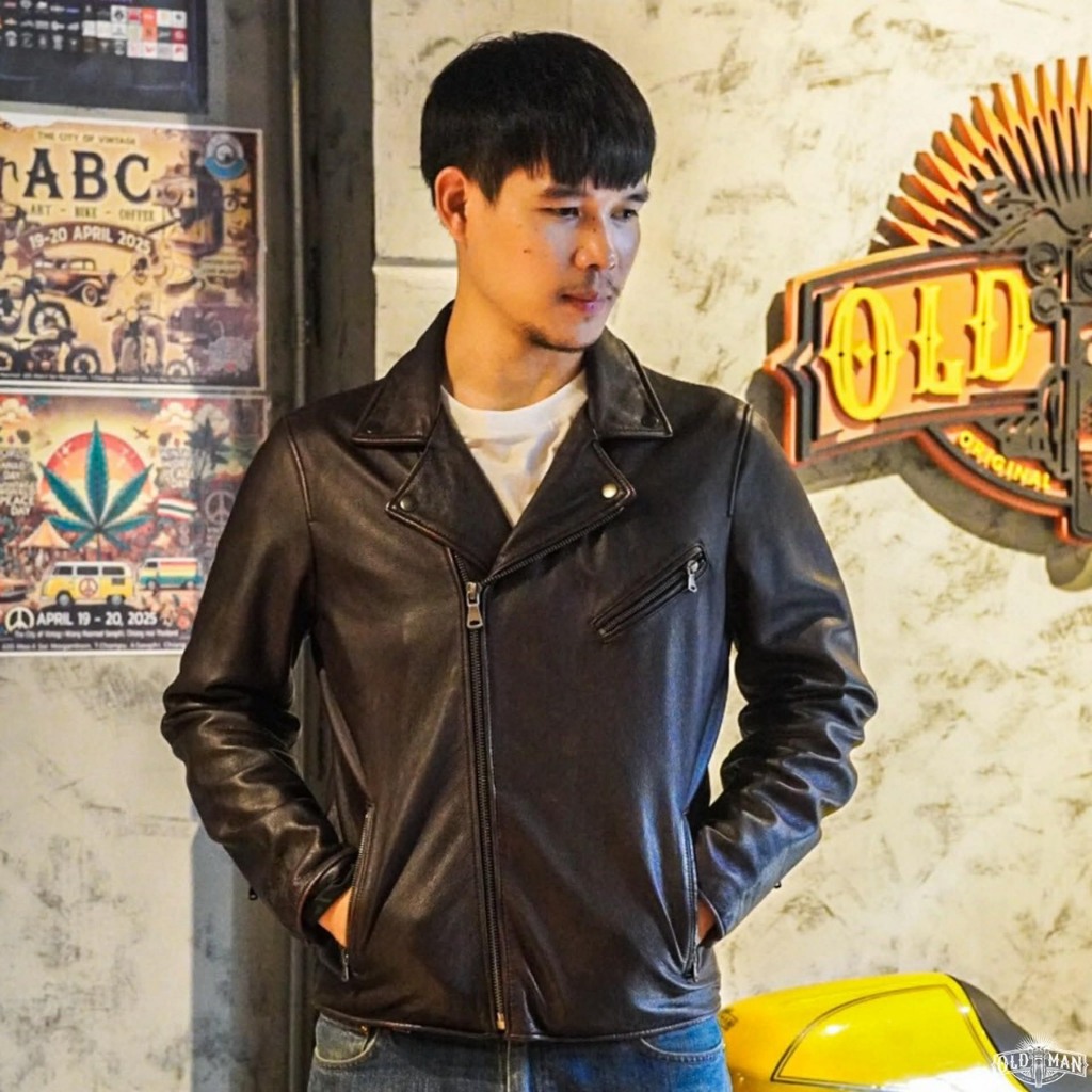 เสื้อหนังรุ่น Cento 302 Jacket สีน้ำตาล แบรนด์ Oldman แท้100% แจ็คเก็ตหนังแท้ เสื้อหนังทรงไบค์เกอร์