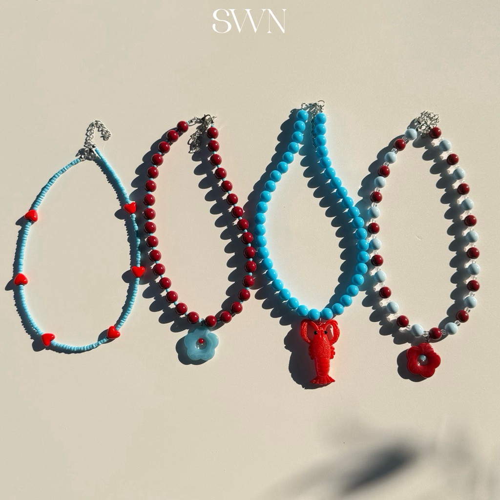 สร้อยคอลูกปัด สี ฟ้าแดง 🪢 พร้อมส่ง (แฮนด์เมด)