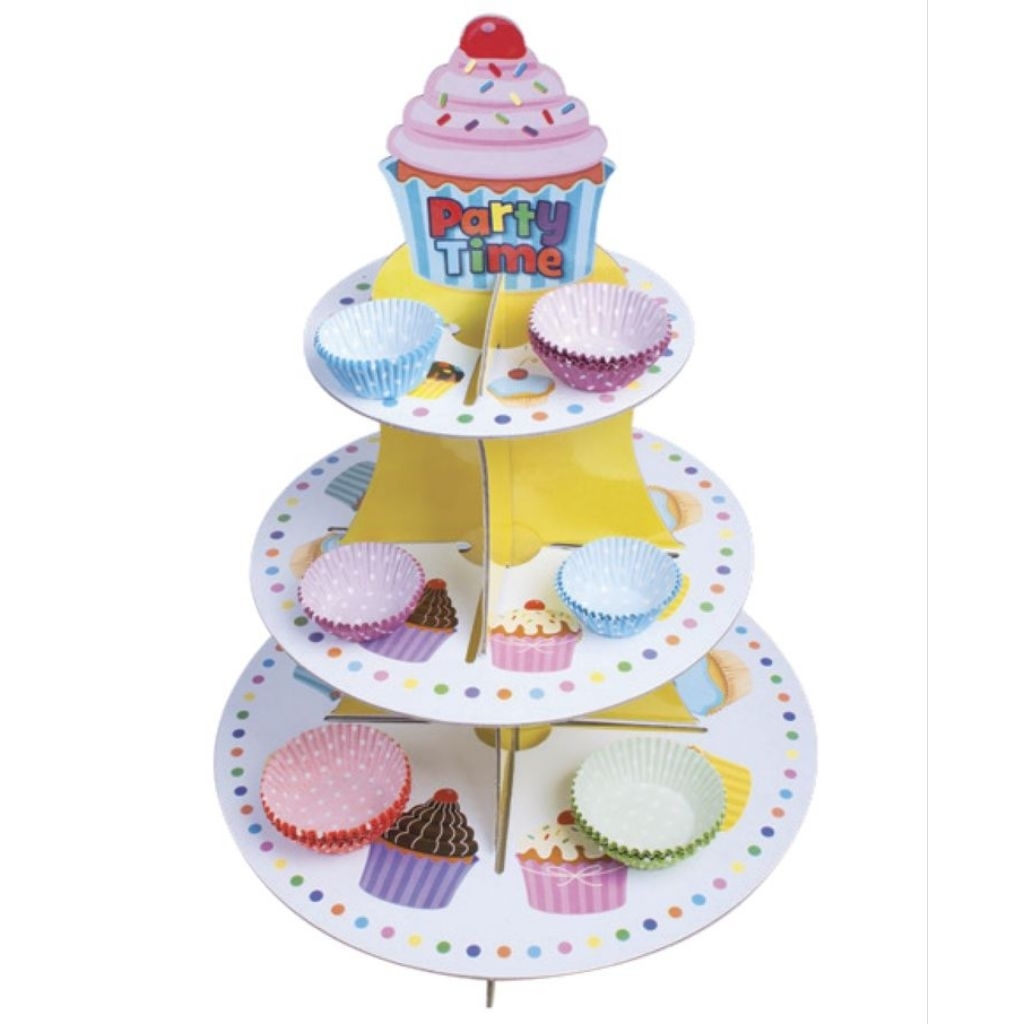 ชั้นวางคัพเค้ก ขนม เค้ก วัสดุกระดาษแข็ง คุณภาพดี วางได้ 3 ชั้น Cupcake Treat Stand ใช้ซ้ำได้ ถอดเก็บได้