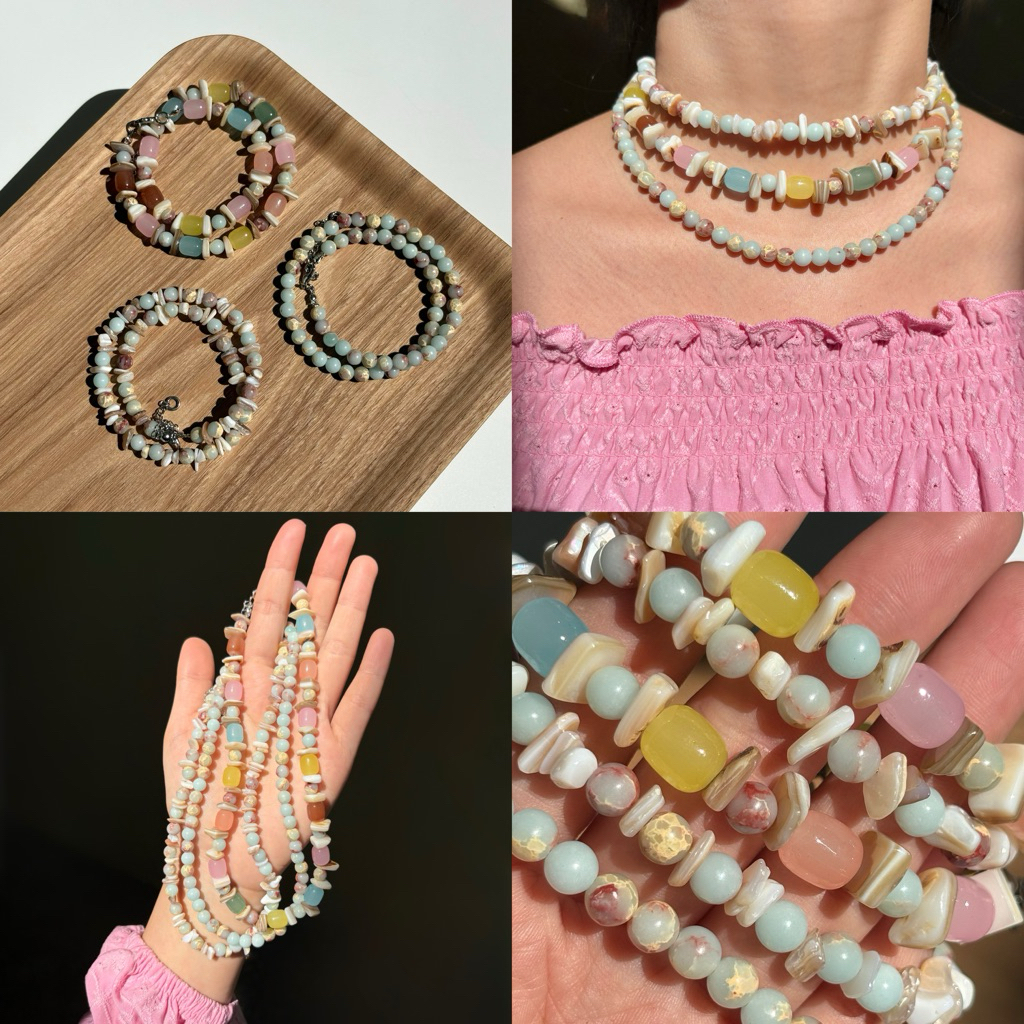 Piing me Necklace | สร้อยคอหินโทนสีมิ้นผสมเปลือกหอยโทนสีน้ำตาลครีม