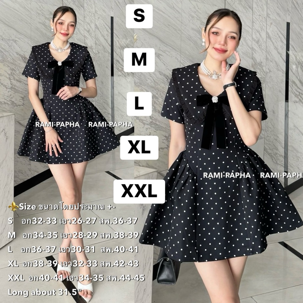 พร้อมส่ง เติม SM RM 9035 เดรสสั้น สีดำลายจุด+เข็มกลัดโบว์ สวยน่ารักสไตล์ลูกคุณ