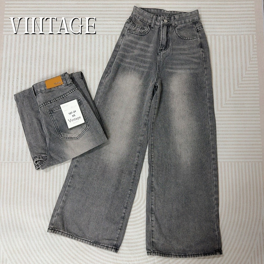 Vintage รุ่น #107-2 กางเกงยีนส์ สีเทาดำ เบสิก ทรงกระบอก แต่งเฟดขา ทรงสวยผ้าไม่ยืด