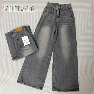 Vintage รุ่น #107-2 กางเกงยีนส์ สีเทาดำ เบสิก ทรงกระบอก แต่ง…