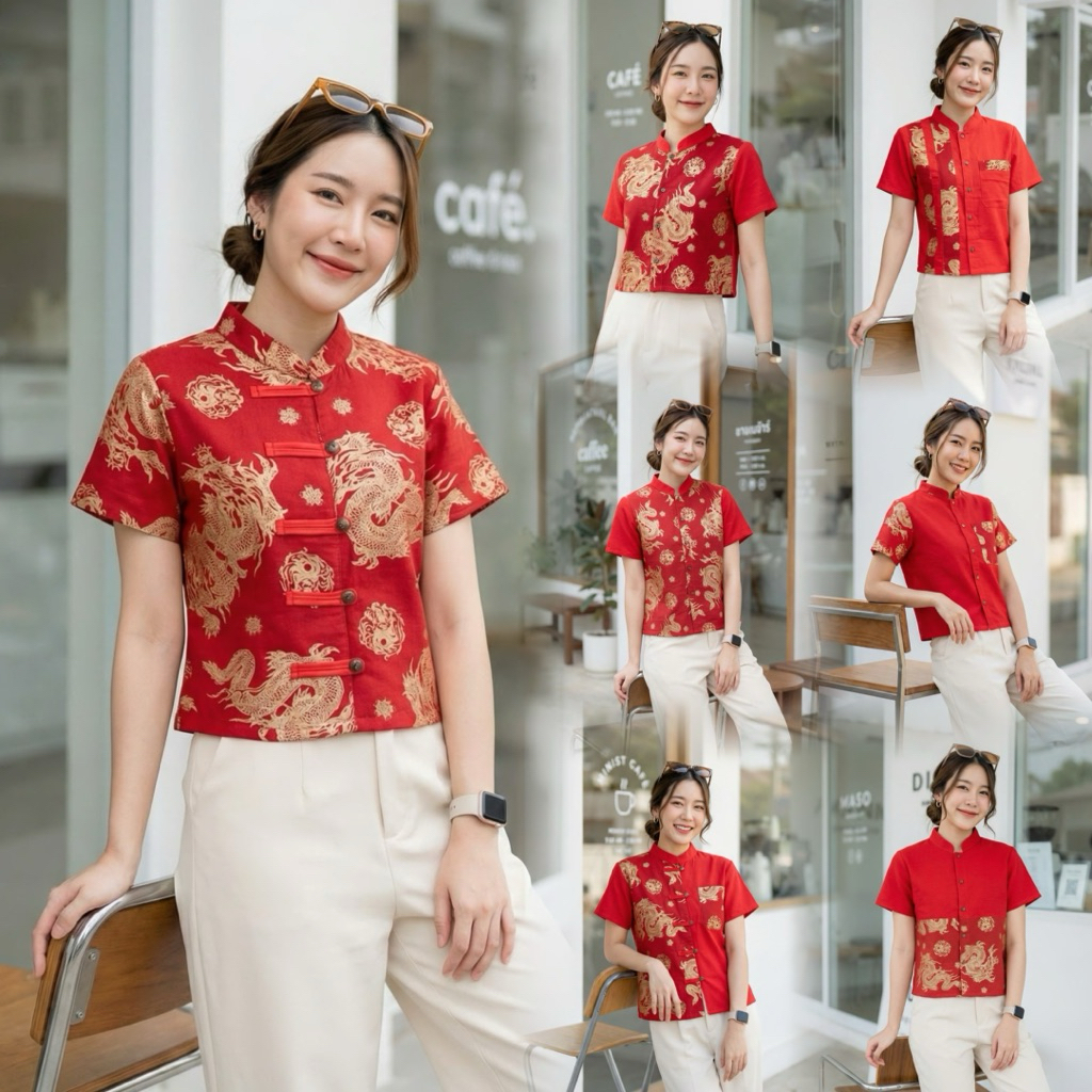 เสื้อพื้นเมืองผู้หญิงคอจีนทูโทน ลายมังกร