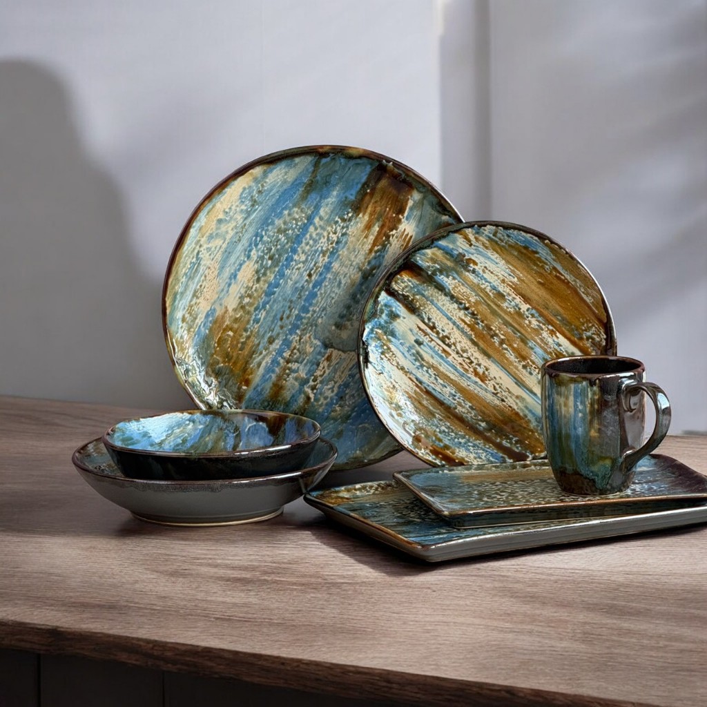 ชุดจานชามแก้วเซรามิค เซ็ตจานชามแก้ว dinnerware set สไตล์ abstract เข้าไมโครเวฟได้ เข้าเครื่องล้างจานได้ - AT1CERAMIC