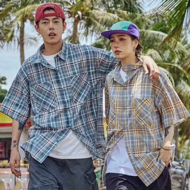 เสื้อแฟชั่นเสื้อลายสก๊อตแขนสั้นของผู้ชายกระเป๋าเสื้อแบบหลวมวัสดุนุ่มสบายเหลืองฟ้าแดงเอ็มแอลเอ็กซ์แอลเอ็กซ์แอลเอ็กซ์เอ็กซ