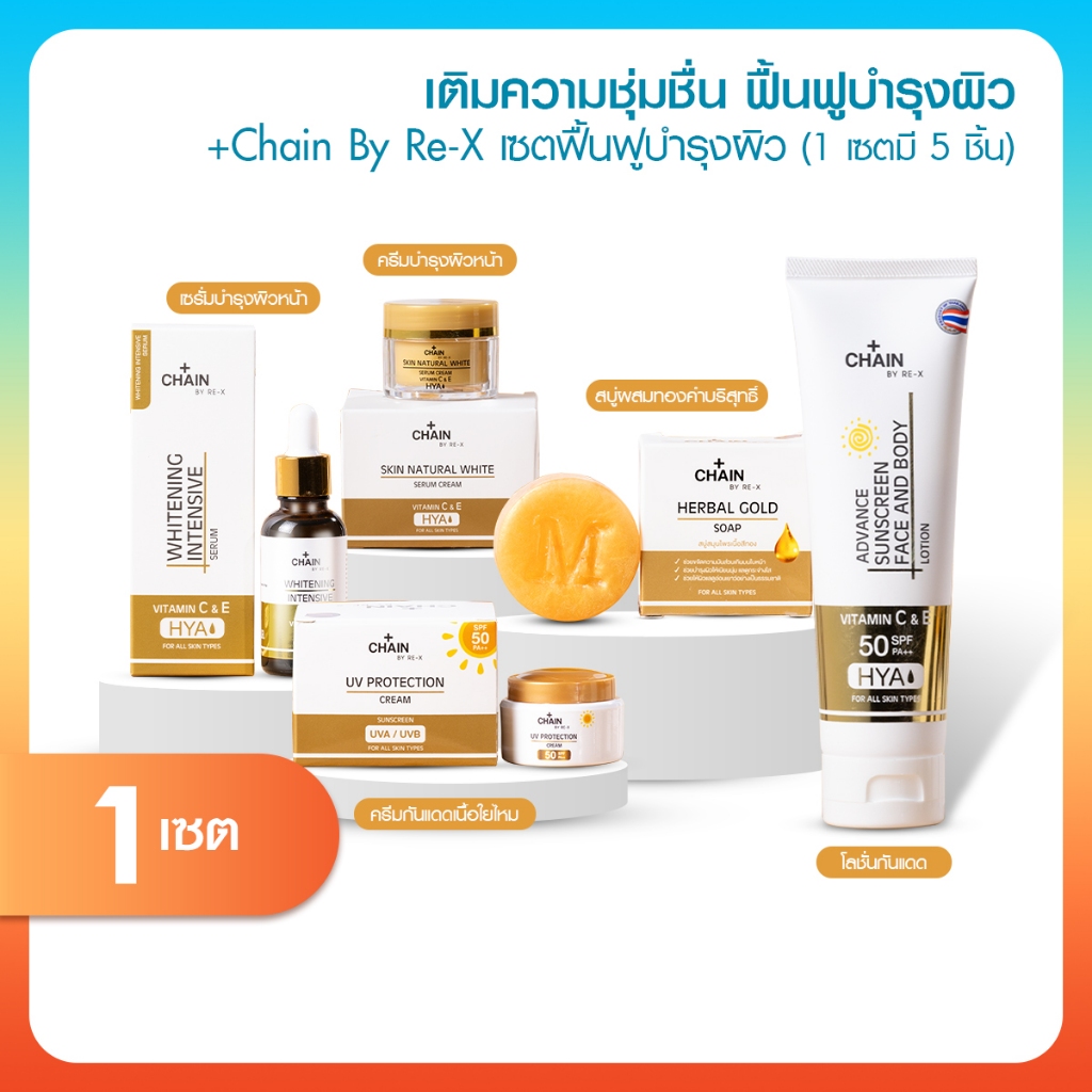 [พร้อมส่ง] Chain By RE-X เซตย้อนวัยผิว ได้ทั้งสบู่ + ครีม + เซรั่ม + ครีมกันแดด + โลชั่นกันแดด