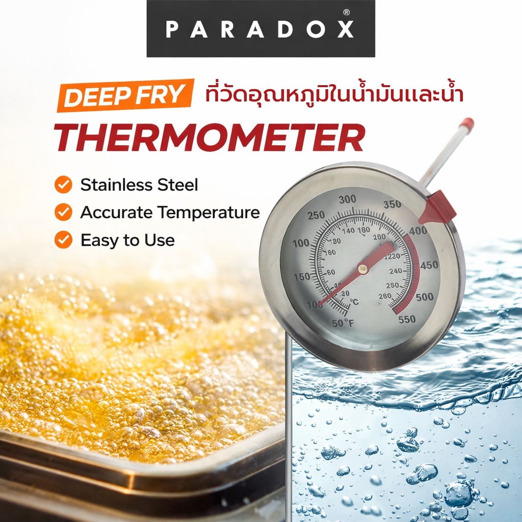 Paradox : ที่วัดอุณหภูมิในน้ำมันเเละน้ำ เสียบกับภาชนะ (20-280 องศาเซลเซียส) ยาว 22 ซม.  Deep Fry Thermometer YSW002D