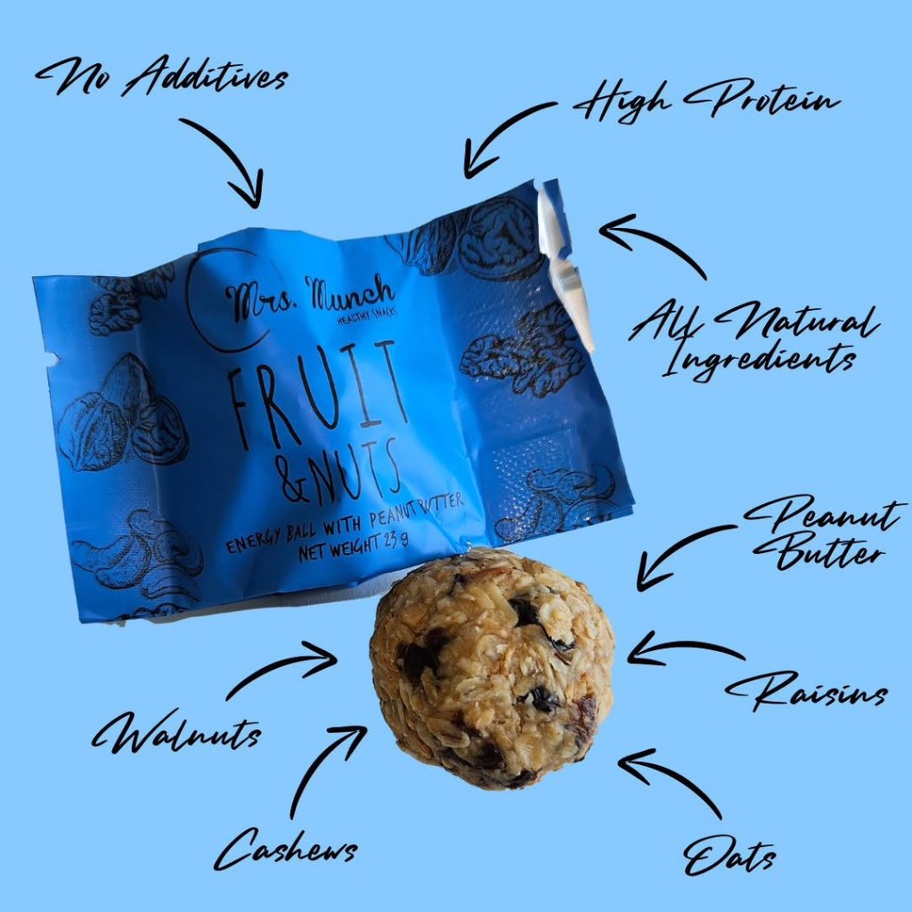 Mrs. Munch Energy Bites Fruit & Nuts 161g รสเนยถั่ว ขนมคลีน อร่อย 110 แคล ทำจากถั่ว, ธัญพืช, ผลไม้แห้ง และข้าวโอ๊ด