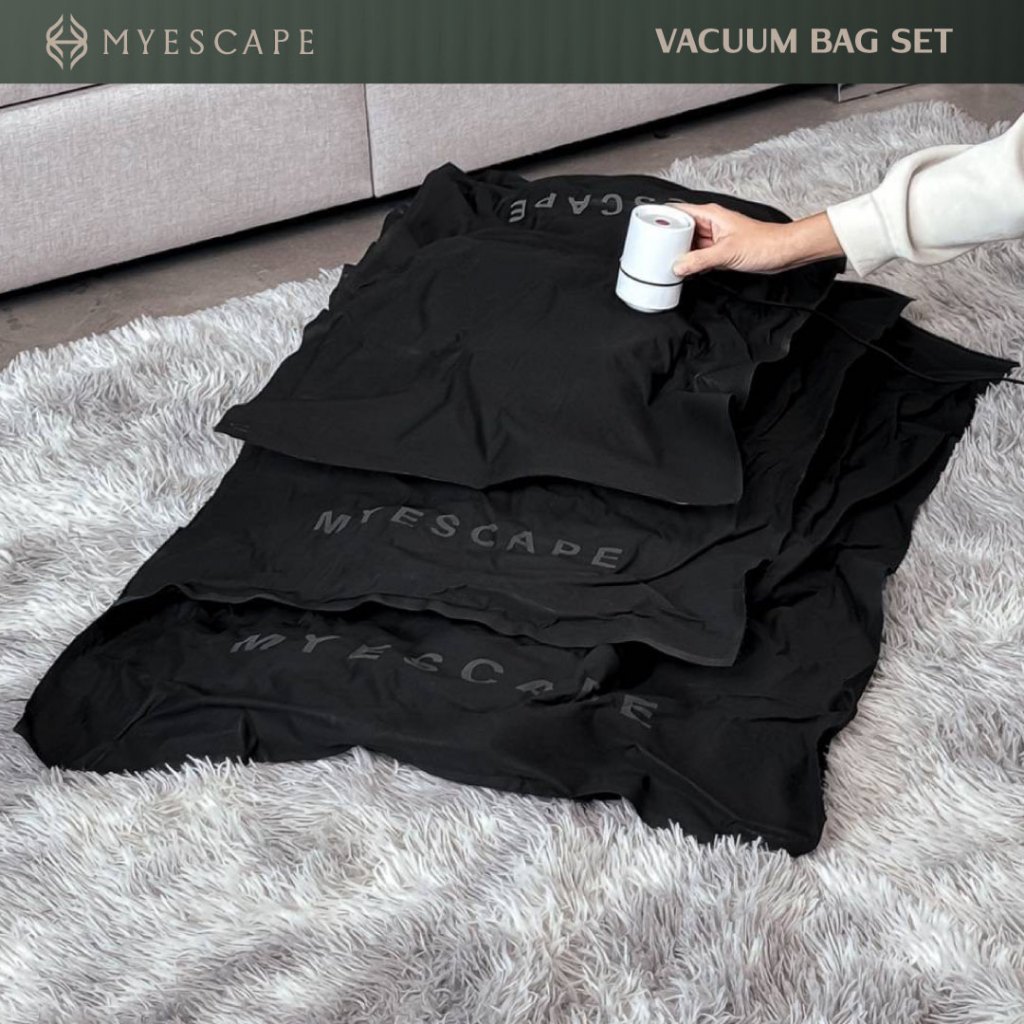 MYESCAPE AIR VACUUM SET ชุดถุงแพ็คสูญญากาศผ้าเเคนวาส 3 ใบ พร้อมเครื่องสูบลมไฟฟ้า สำหรับเก็บเสื้อโค้ท จัดกระเป๋าเดินทาง