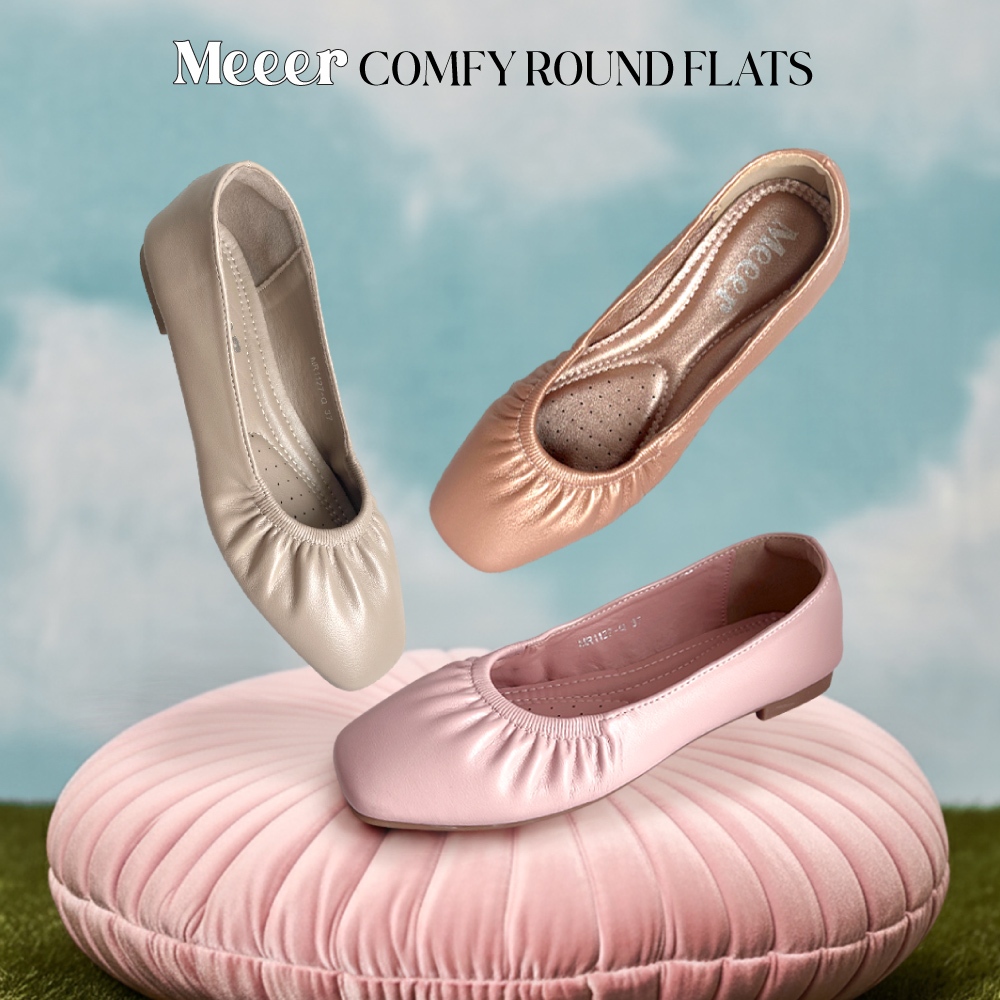 รองเท้าคัตชูหัวมน Meeer Comfy Round Flats แต่งรอยรูดด้านหน้า หนังเรียบ ส้นแบน