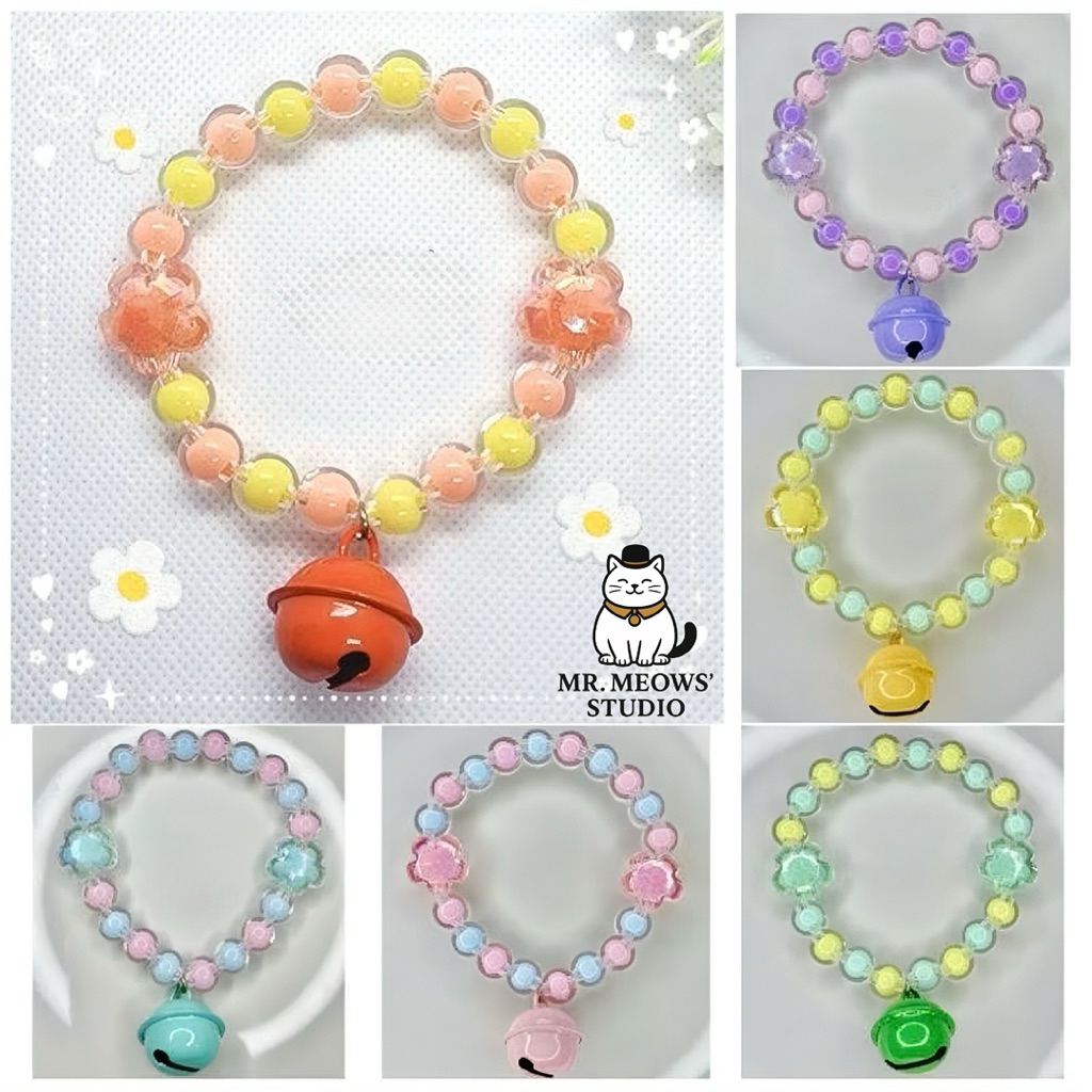 ปลอกคอแมว รุ่นrainbow ลูกปัดใหญ่10มิล สร้อยคอสัตว์เลี้ยง เอ็นยืดอย่างดี(มีหลายสี) ราคา ถูกที่สุด ดีลบีเคเค